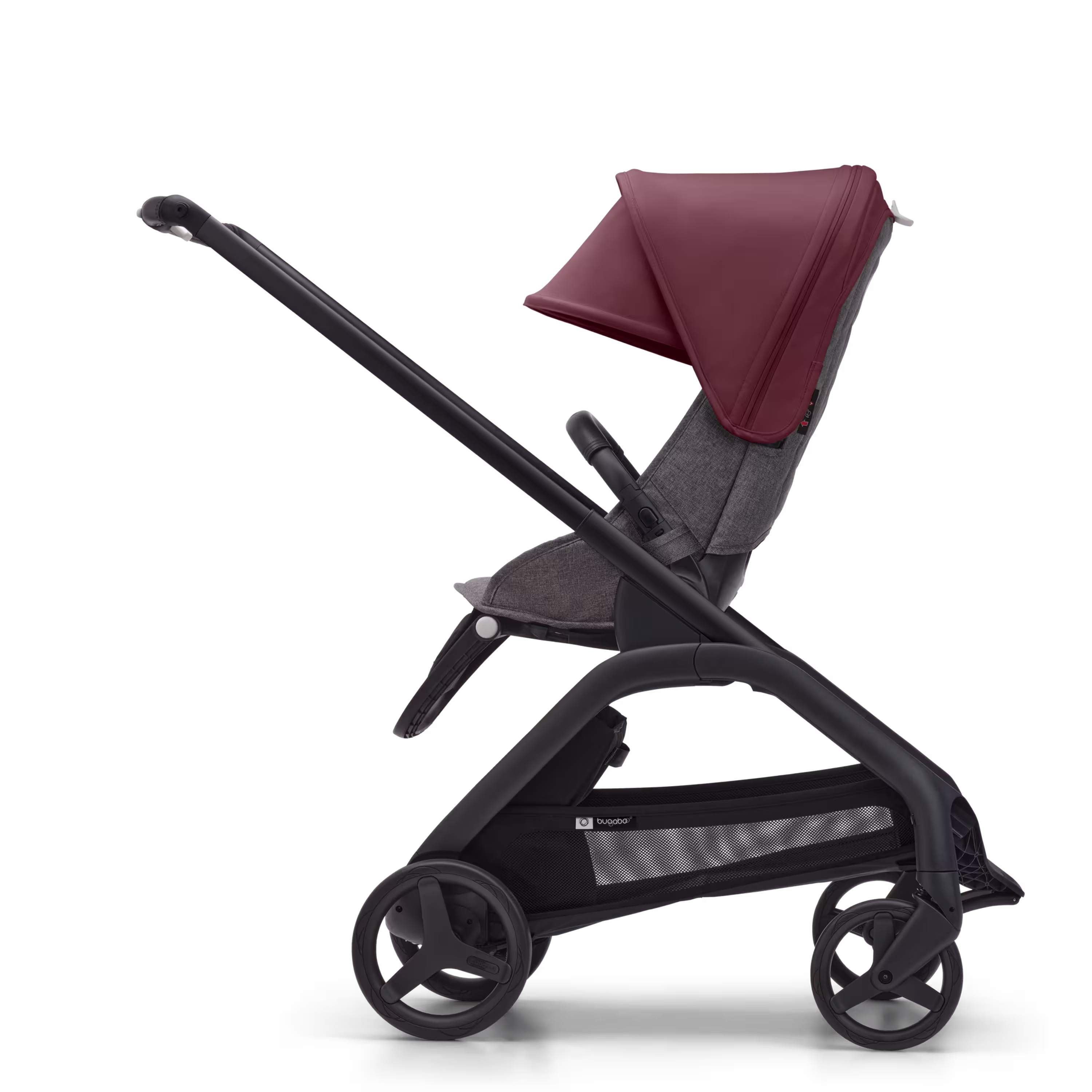 Bugaboo Dragonfly seat stroller black base, grey melange fabrics, dark cherry red sun canopy - Main Modal Image Slide 2 of 16
