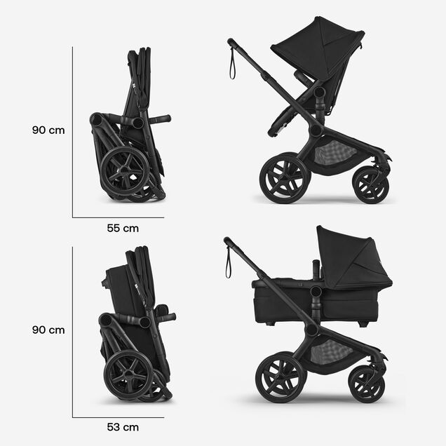 Quatre poussettes Bugaboo Fox 5 Renew dans différentes configurations : pliée avec le siège, en cours d'utilisation avec le siège, pliée avec la nacelle, et en cours d'utilisation avec la nacelle. - Main Image Slide 9 of 12
