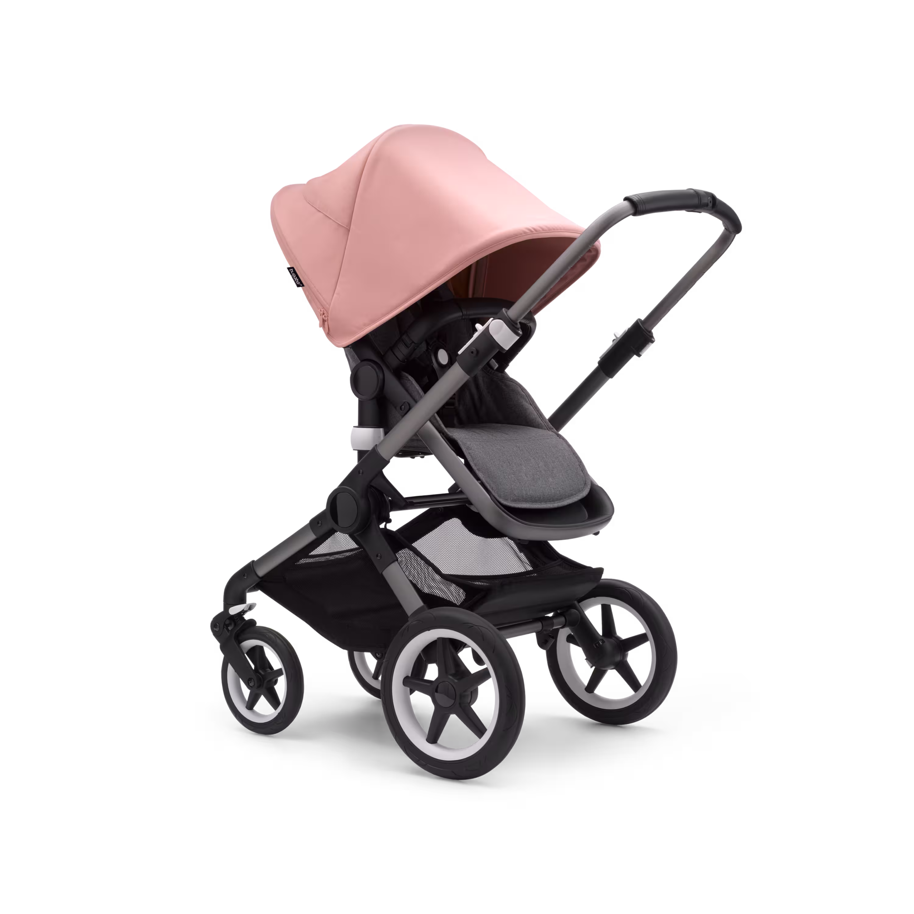 Bugaboo Fox 3 seat stroller with graphite frame, grey fabrics, and pink sun canopy. - Main Modal Image Slide 1 of 7
