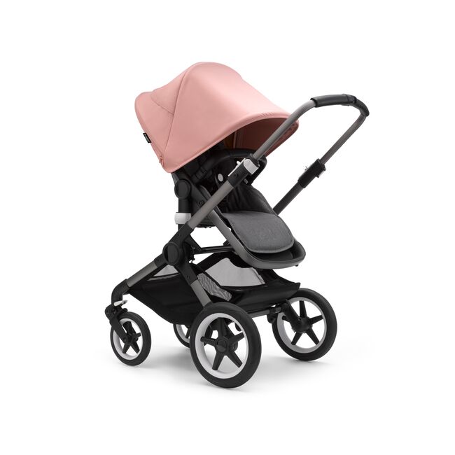 Bugaboo Fox 3 seat stroller with graphite frame, grey fabrics, and pink sun canopy. - Main Image Slide 1 of 7