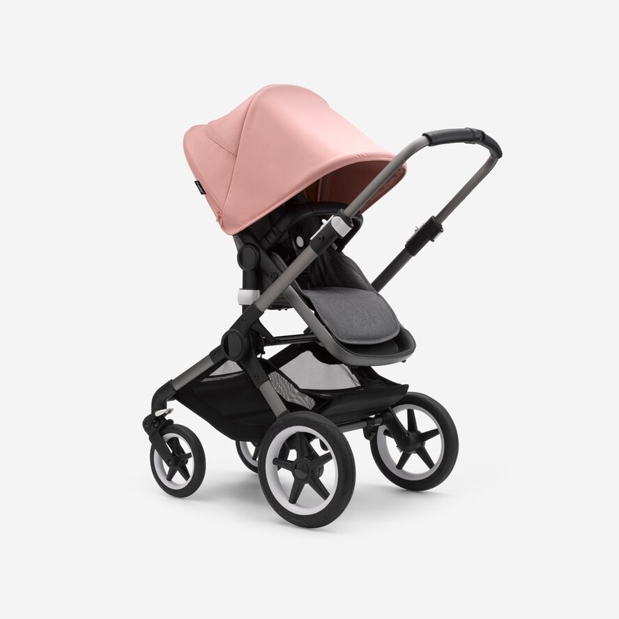 Bugaboo Fox 3 seat stroller with graphite frame, grey fabrics, and pink sun canopy.