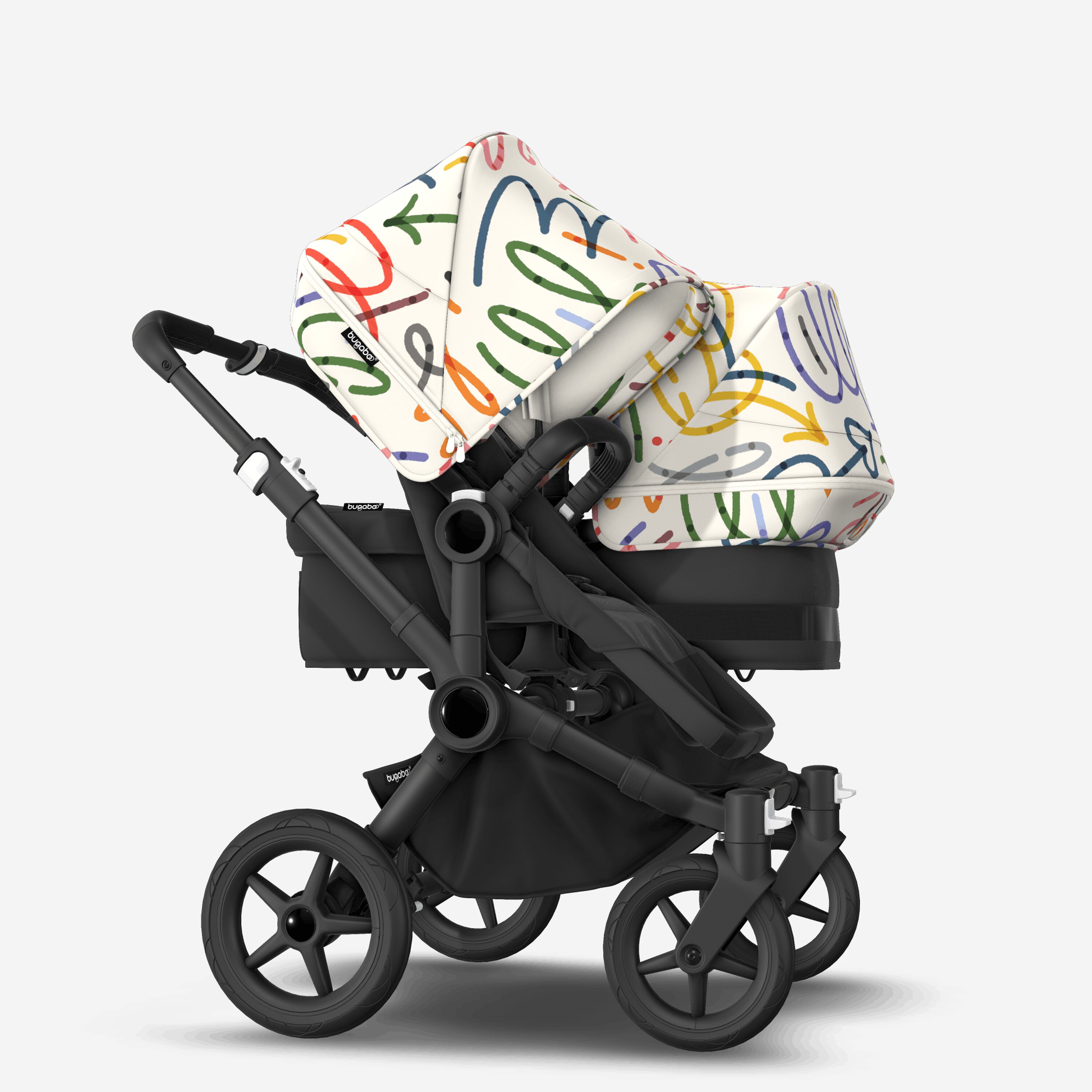 Bugaboo Donkey 5 Duo double stroller black base, midnight black fabrics, art of discovery white sun canopy - Main Modal Image Slide 2 of 10