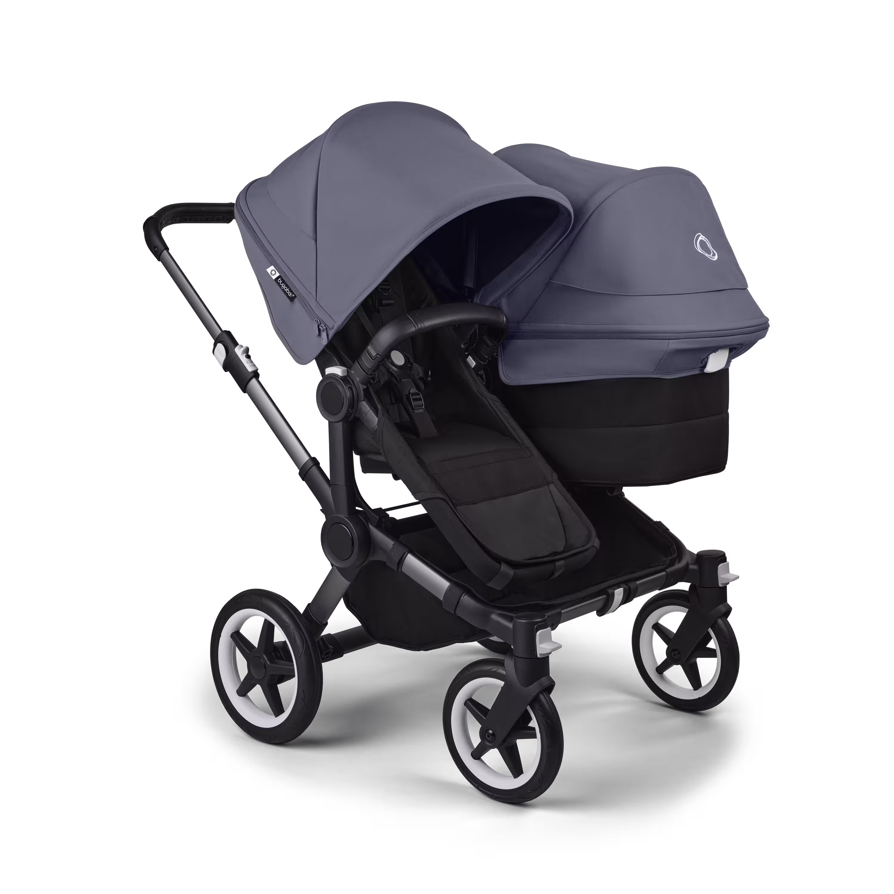 Bugaboo Donkey 5 Duo double stroller graphite base, midnight black fabrics, stormy blue sun canopy - Main Modal Image Slide 1 of 11