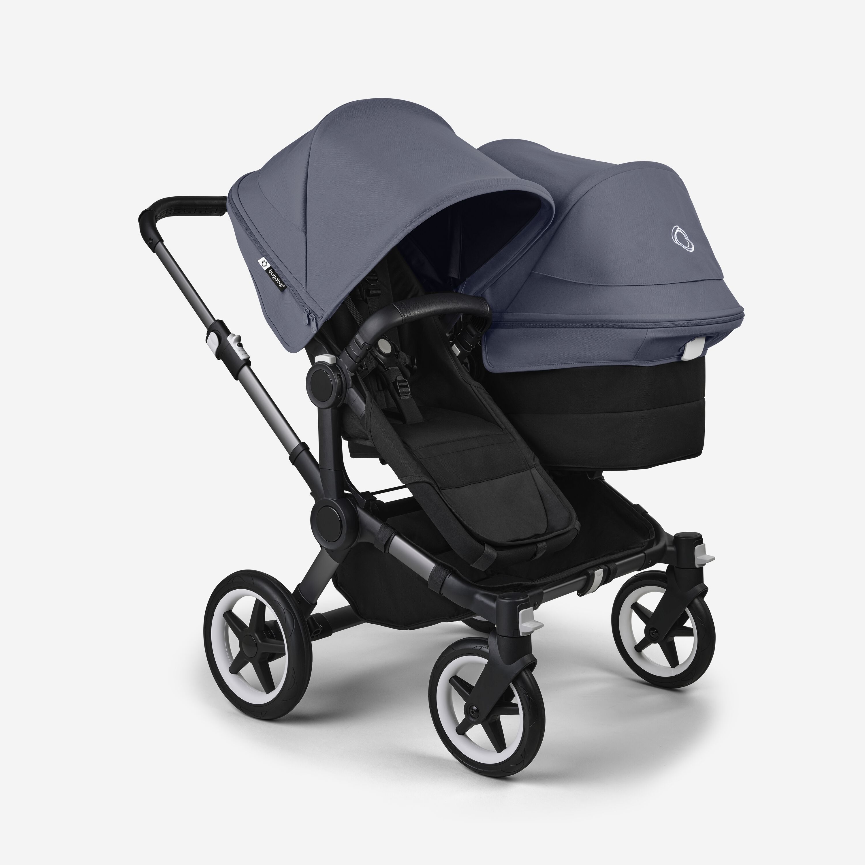 Bugaboo Donkey 5 Duo double stroller graphite base, midnight black fabrics, stormy blue sun canopy - Main Modal Image Slide 1 of 11