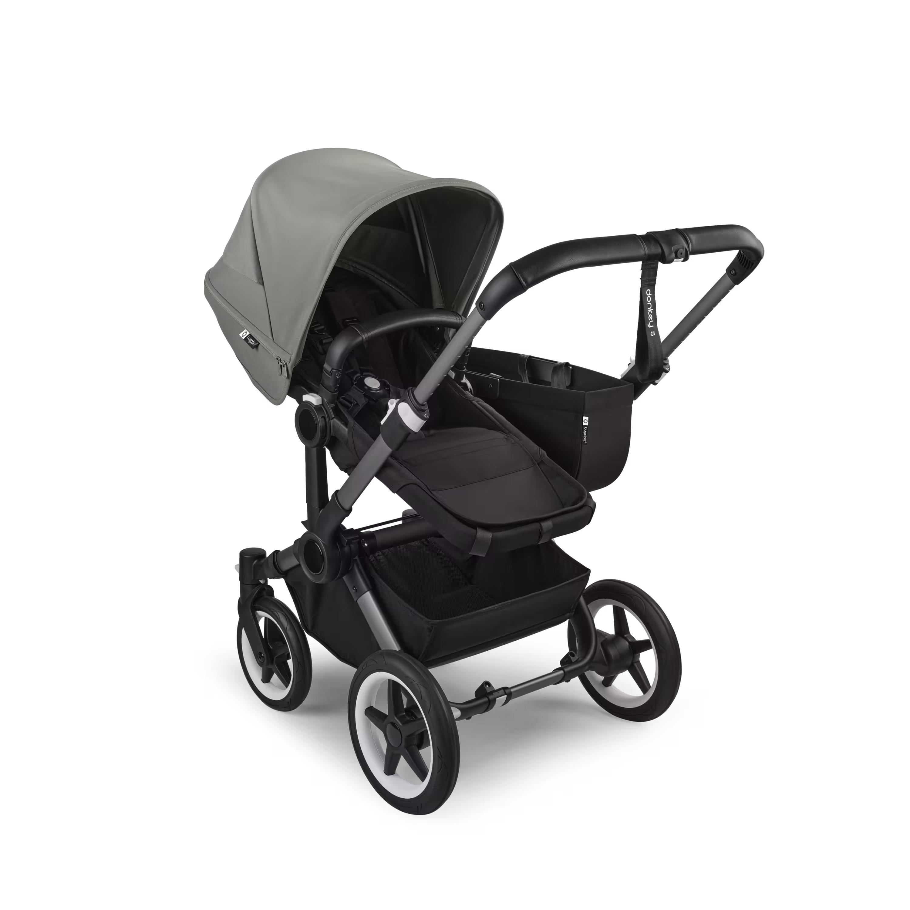 Refurbished Bugaboo Donkey 5 Mono bassinet and seat stroller graphite base, midnight black fabrics, forest green sun canopy - Main Modal Image Slide 2 of 10