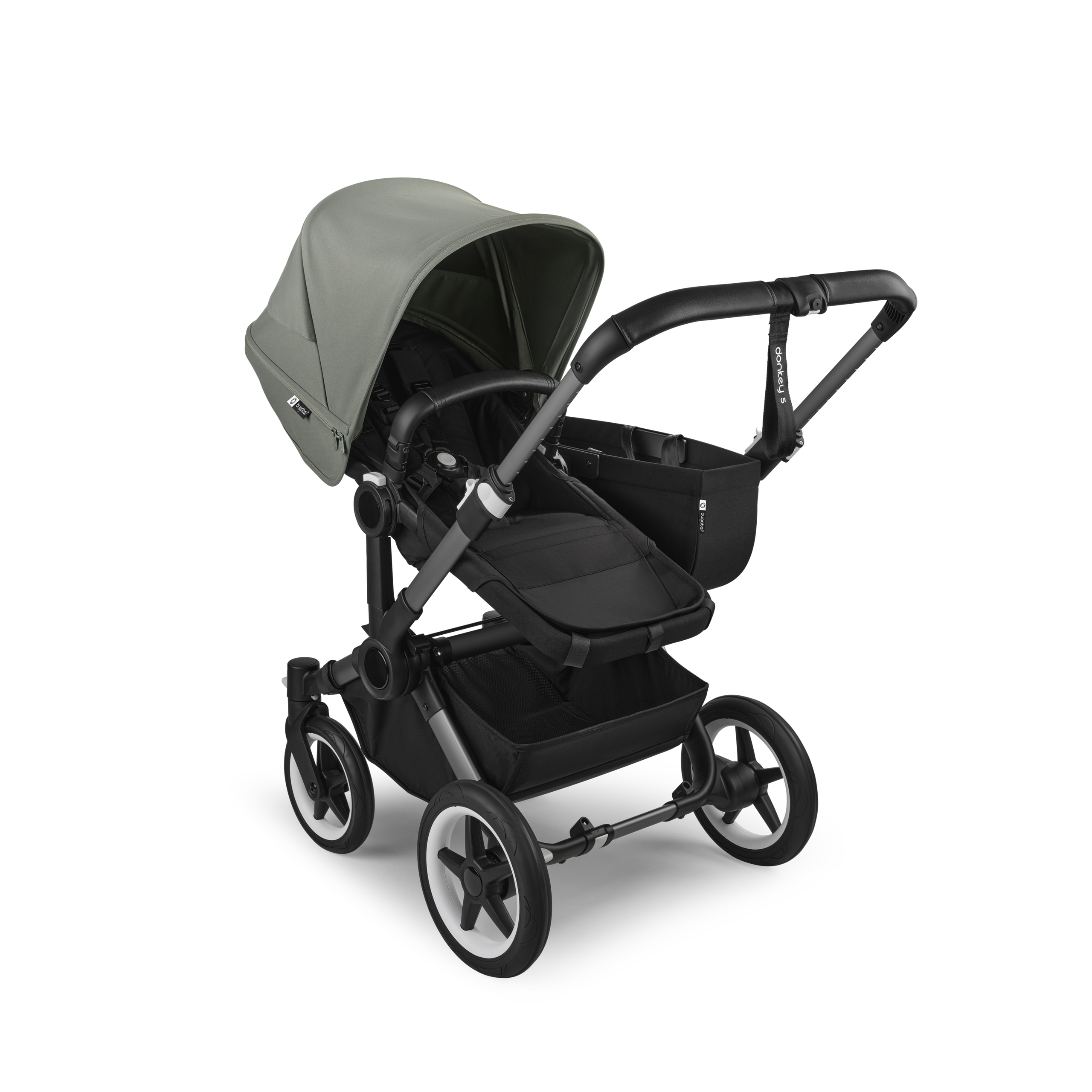 Refurbished Bugaboo Donkey 5 Mono bassinet and seat stroller graphite base, midnight black fabrics, forest green sun canopy - Thumbnail Slide 2 of 10