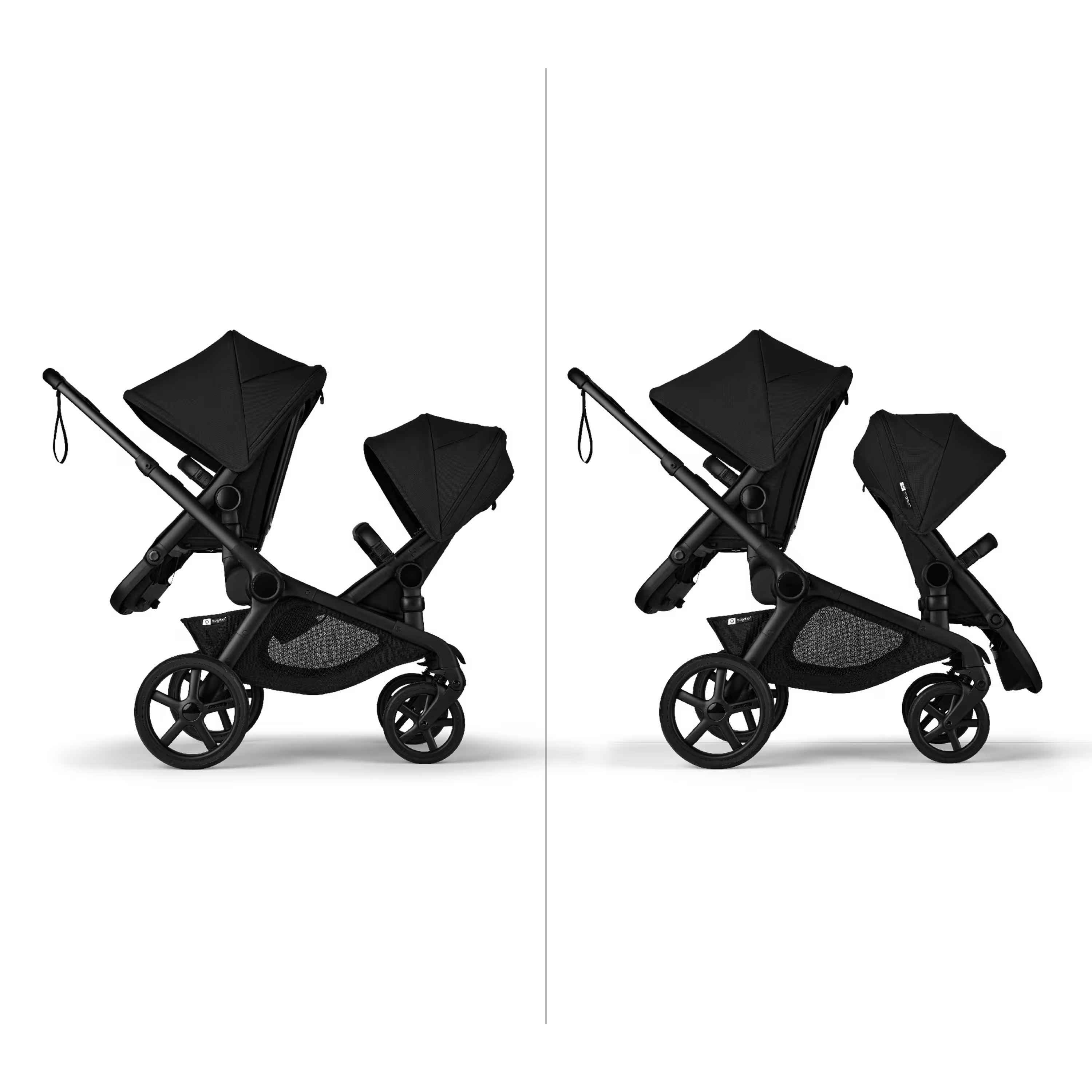 Bugaboo Kangaroo seat-only tandem black base, midnight black fabrics, misty white sun canopy - Main Modal Image Slide 7 of 12