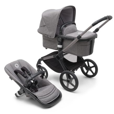 Bugaboo Fox 5 bassinet and seat pram with graphite chassis, grey melange fabrics and grey melange sun canopy.