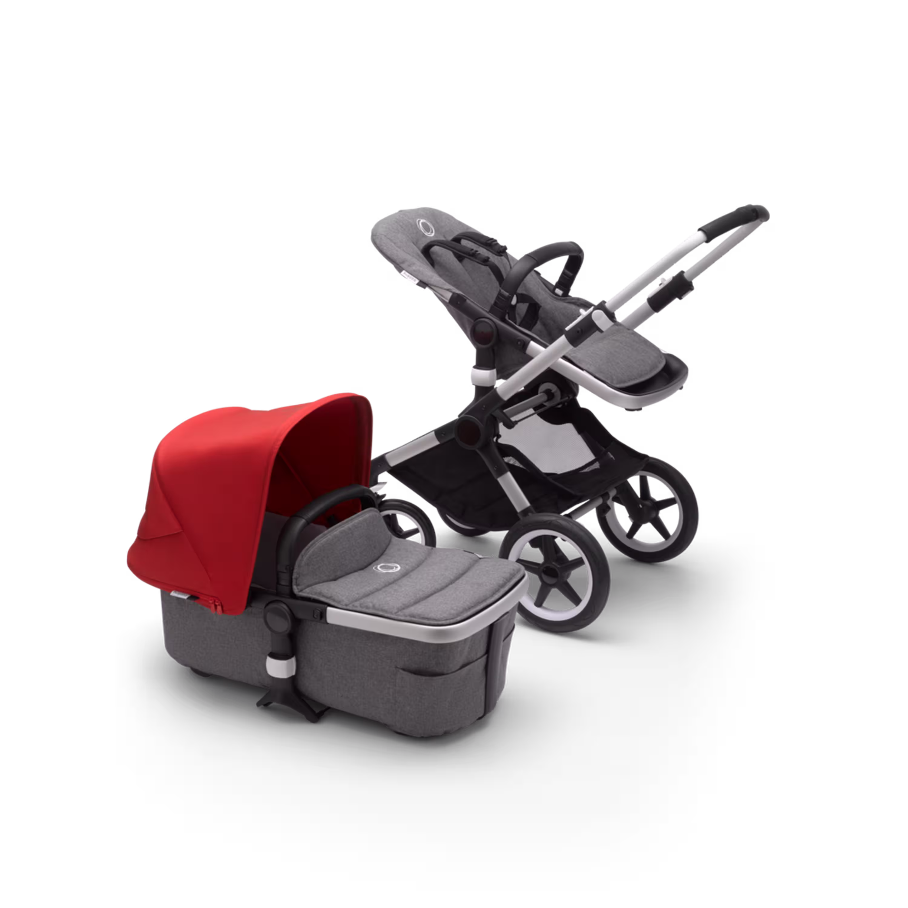 Bugaboo Fox 2 seat and carrycot pushchair red sun canopy, grey melange fabrics, aluminium base - Main Modal Image Slide 9 of 10
