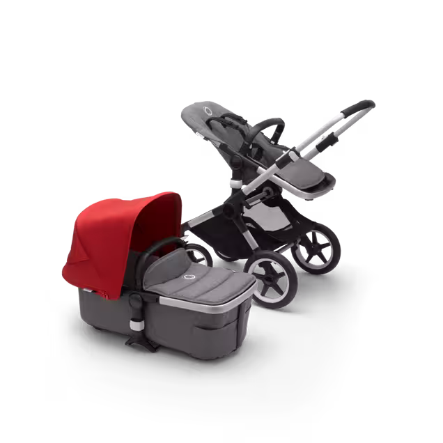 Bugaboo Fox 2 seat and carrycot pushchair red sun canopy, grey melange fabrics, aluminium base - Main Image Slide 9 of 10