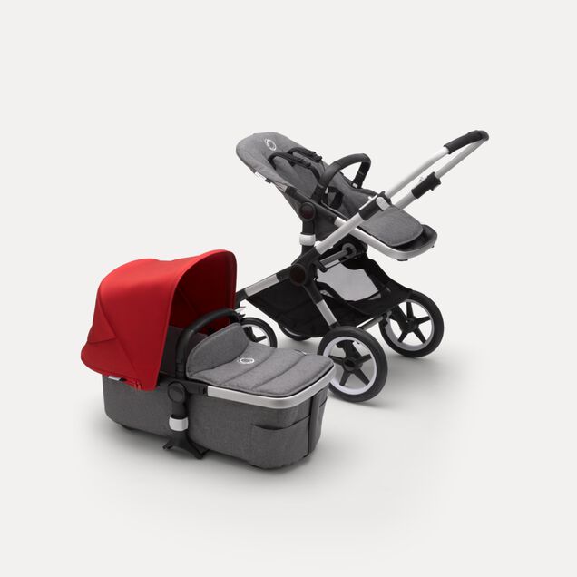 Bugaboo Fox 2 seat and carrycot pushchair red sun canopy, grey melange fabrics, aluminium base - Main Image Slide 9 of 10