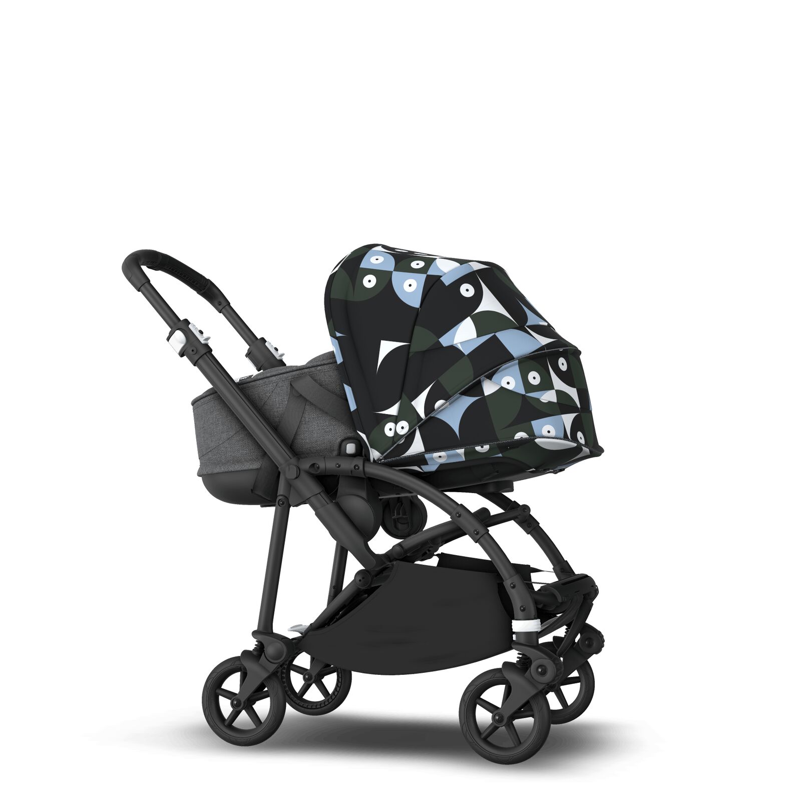 Bugaboo Bee 6 bassinet and seat stroller black base, grey fabrics, animal explorer green/ light blue sun canopy