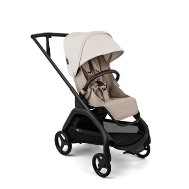 Bugaboo Dragonfly Plus seat stroller black base, desert taupe fabrics, misty white sun canopy
