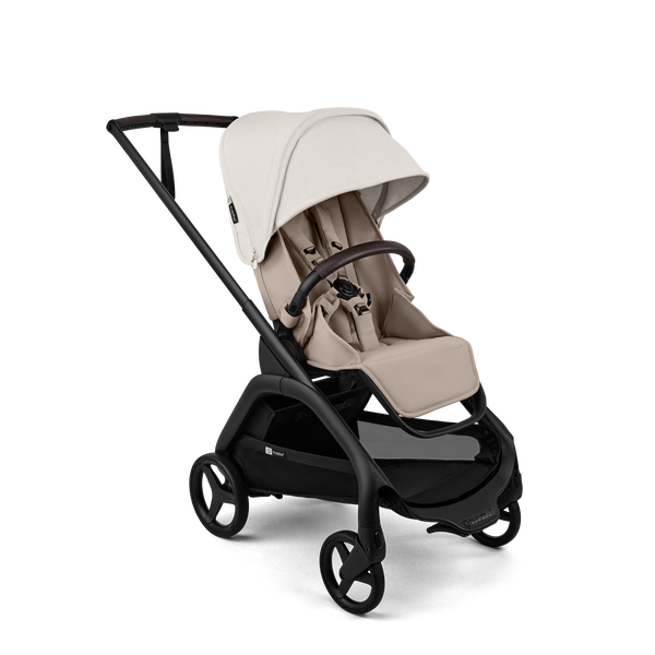 Bugaboo Dragonfly Plus seat stroller black base, desert taupe fabrics, misty white sun canopy