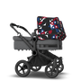 Bugaboo Donkey 5 Twin bassinet and seat stroller black base, grey mélange fabrics, animal explorer red/blue sun canopy
