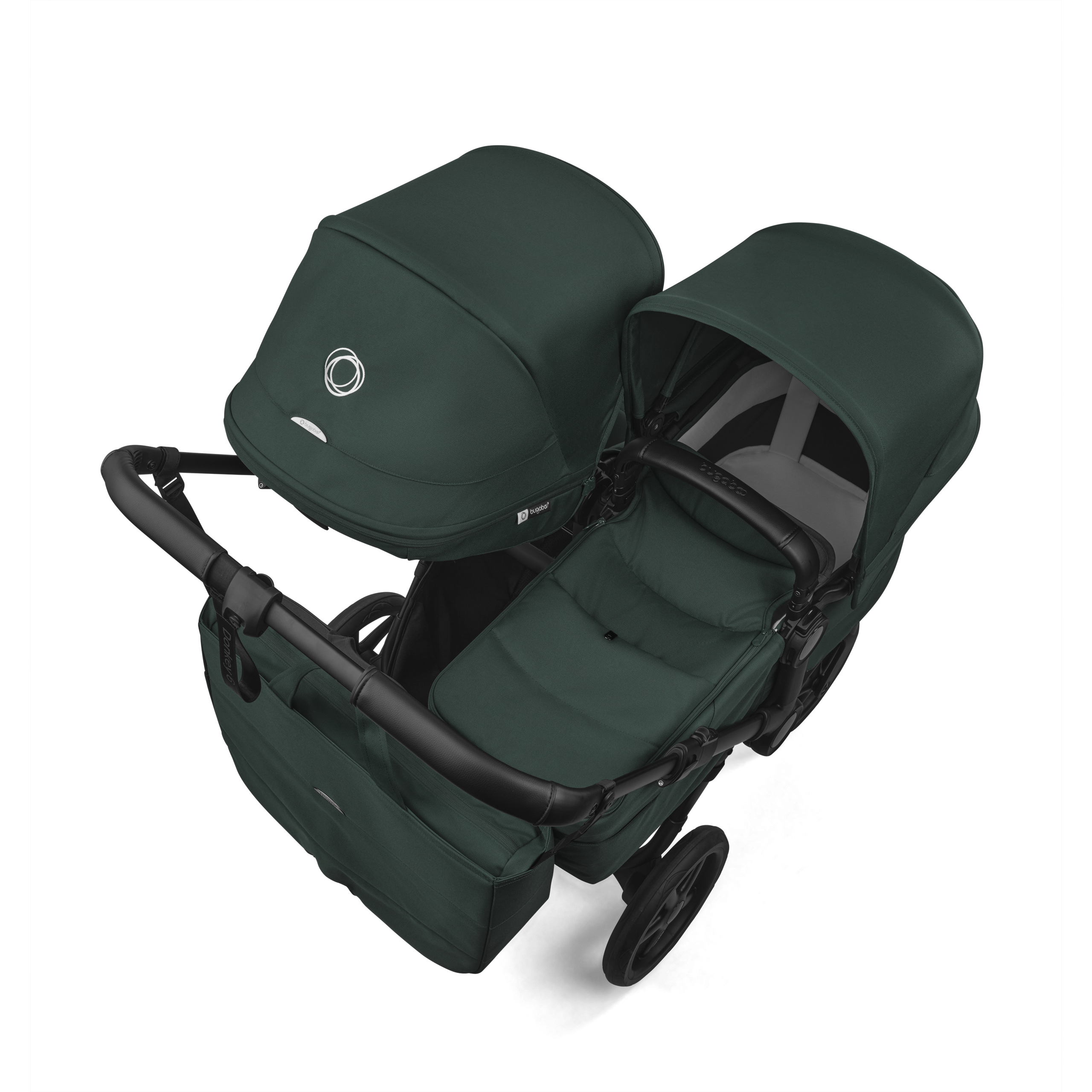 Bugaboo Donkey 6 double stroller black base, fern green fabrics, fern green sun canopy view 4 - Thumbnail Slide 4 of 10
