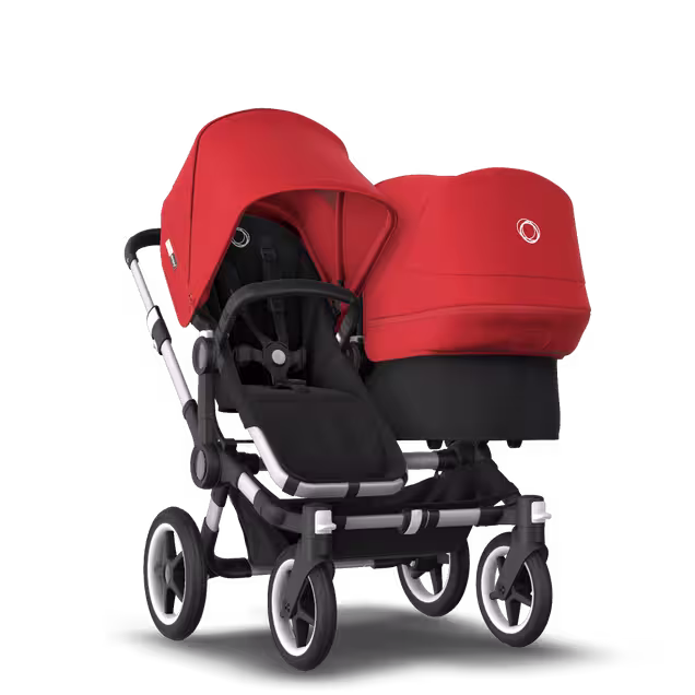 Bugaboo Donkey 3 Duo seat and bassinet stroller red sun canopy, black fabrics, aluminium base - Main Image Slide 1 van 5