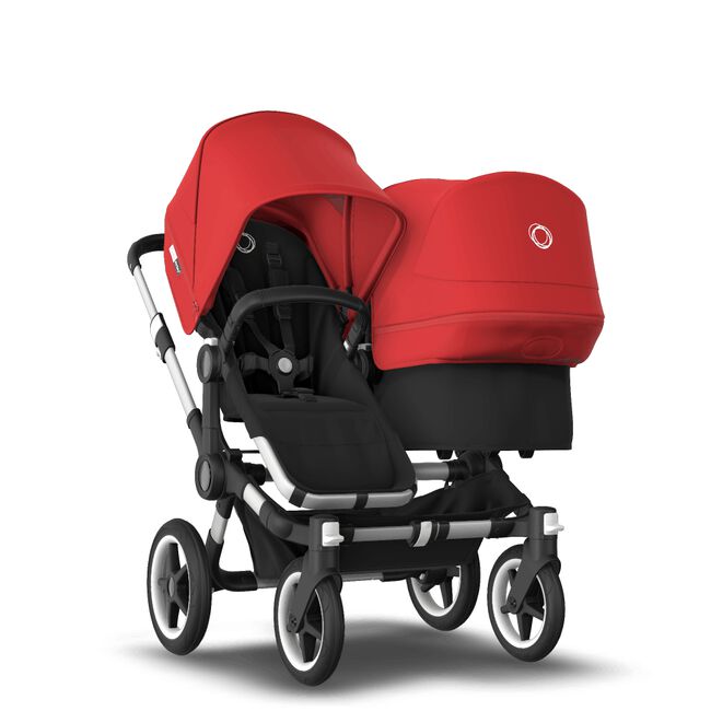 Bugaboo Donkey 3 Duo seat and bassinet stroller red sun canopy, black fabrics, aluminium base - Main Image Slide 1 van 5