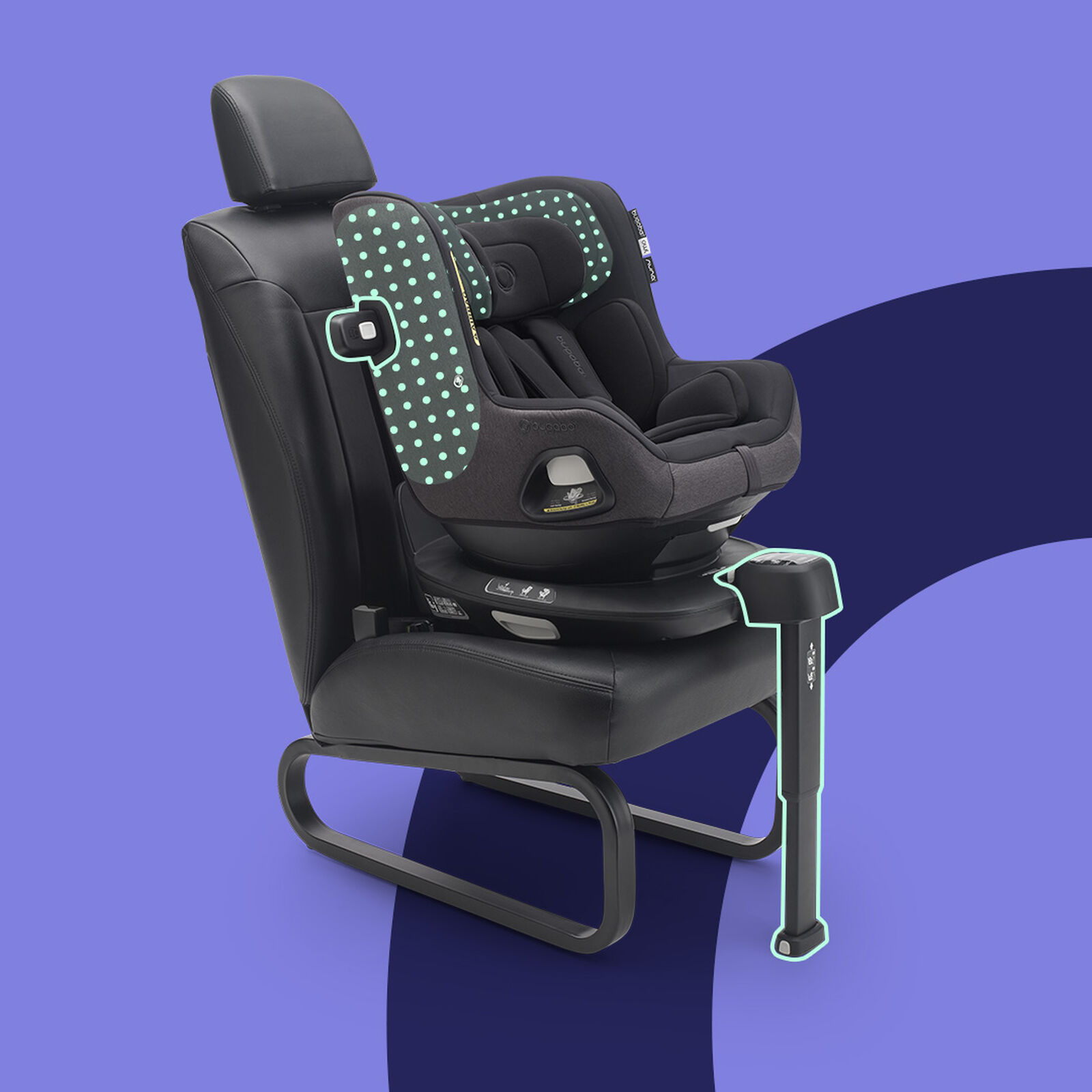 Bugaboo Owl by Nuna car seat on the 360 ISOFIX Base, with graphics highlighting protection zones in the headrest, side impact pod and stability leg.