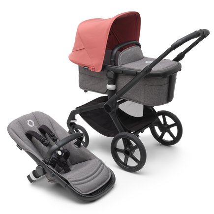 Bugaboo Fox 5 bassinet and seat pram with black chassis, grey melange fabrics and sunrise red sun canopy.