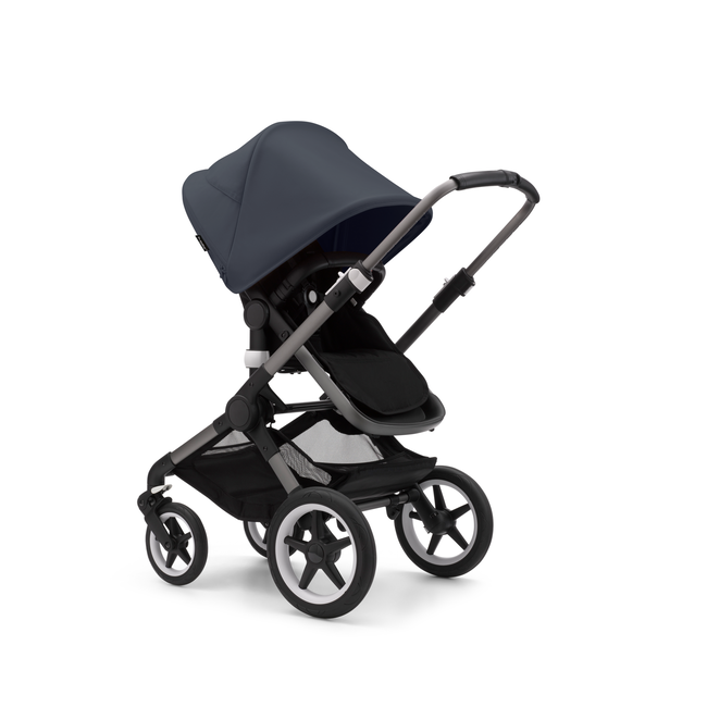 Bugaboo Fox 3 seat stroller with graphite frame, black fabrics, and stormy blue sun canopy.