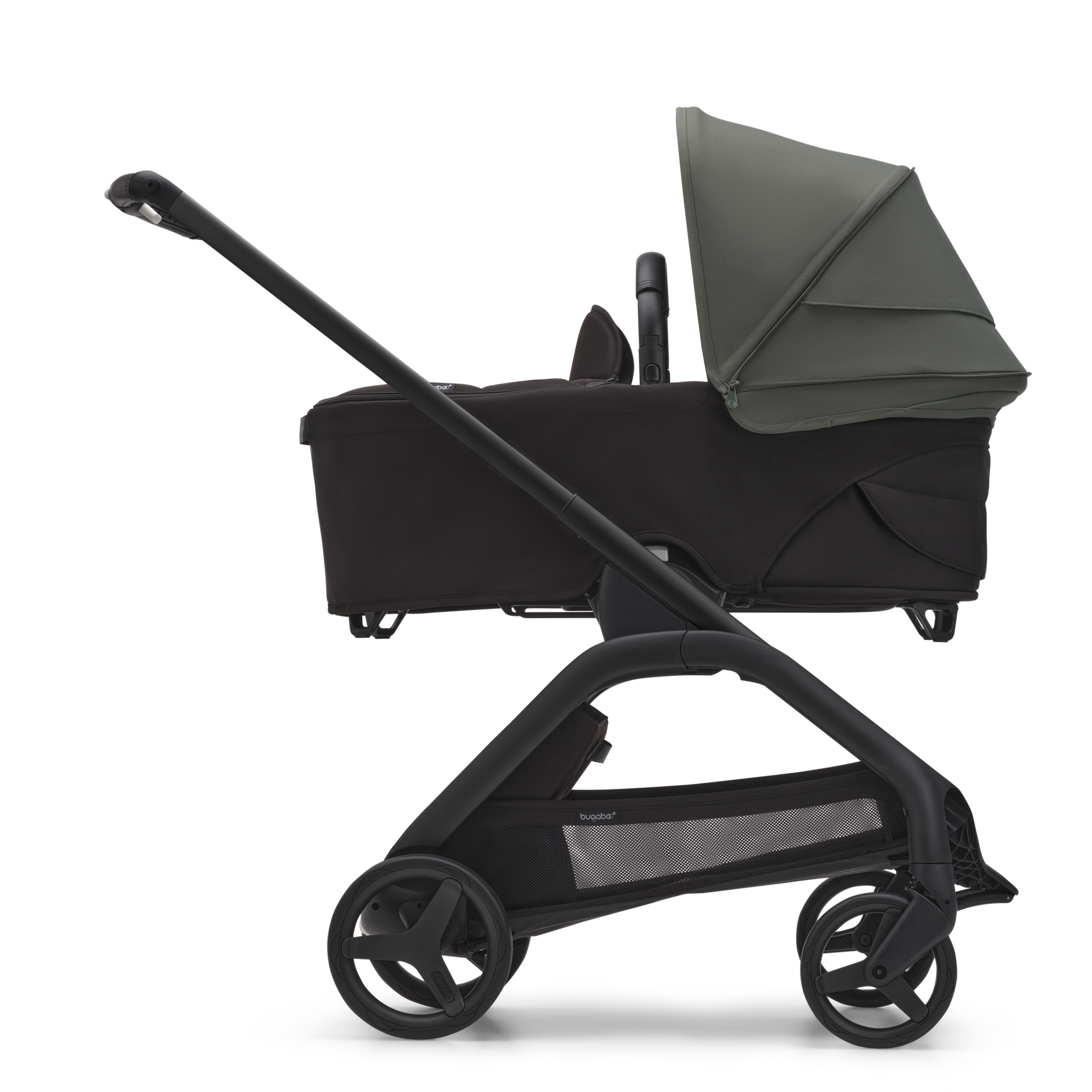 Bugaboo Dragonfly bassinet and seat stroller black base, midnight black fabrics, forest green sun canopy - Thumbnail Slide 3 of 15