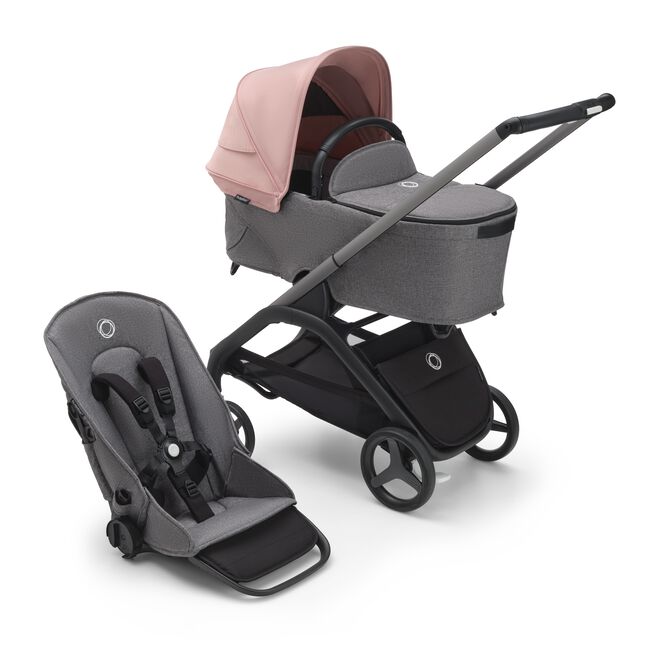 Bugaboo Dragonfly bassinet and seat stroller with graphite chassis, grey melange fabrics and morning pink sun canopy.