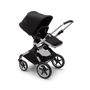 Bugaboo Fox 3 seat stroller with aluminum frame, midnight black fabrics, and midnight black sun canopy.