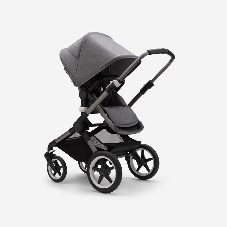 Bugaboo Fox 3 seat stroller with graphite frame, grey fabrics, and grey sun canopy.