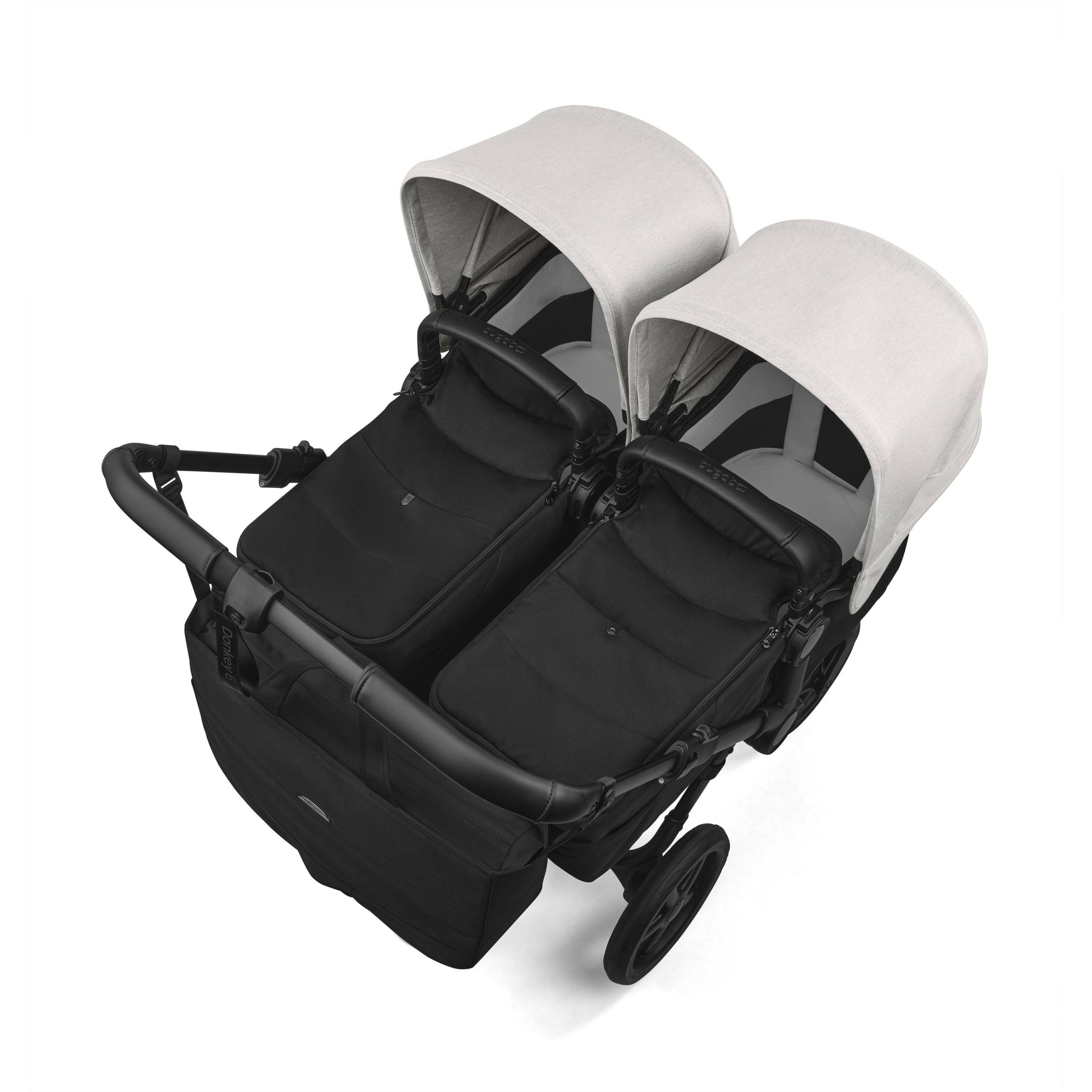 Bugaboo Donkey 6 twin stroller black base, heritage black fabrics, misty white sun canopy view 3 - Thumbnail Slide 3 of 9