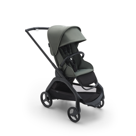 Bugaboo Dragonfly seat pushchair with black chassis, forest green fabrics and forest green sun canopy.