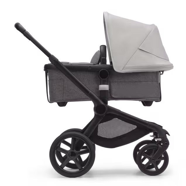 Refurbished Bugaboo Fox 5 bassinet and seat stroller black base, grey melange fabrics, misty white sun canopy - Main Image Slide 2 of 11