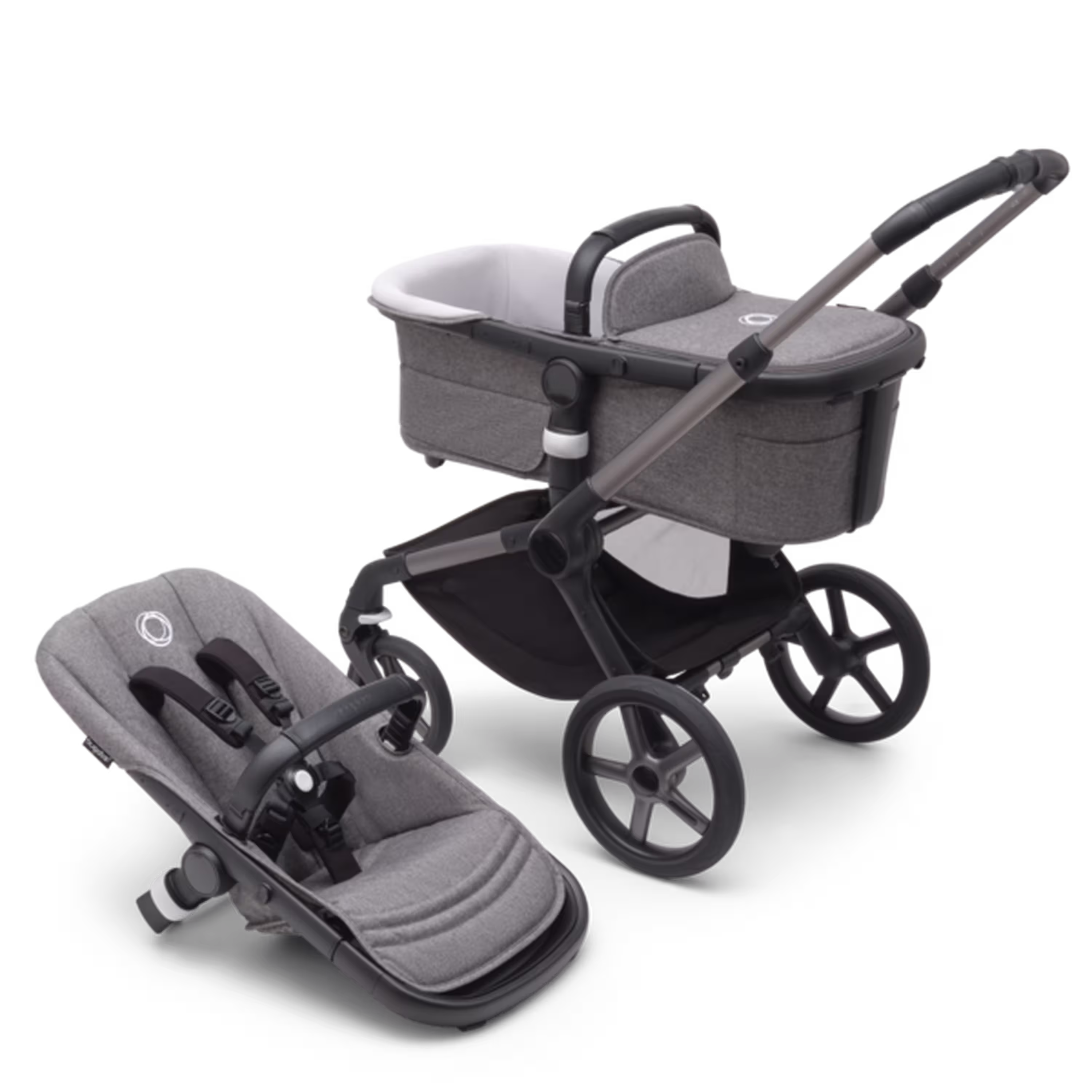 Refurbished Bugaboo Fox 5 bassinet and seat stroller graphite base, grey melange fabrics, midnight black sun canopy - Main Modal Image Slide 4 van 7