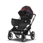 Bugaboo Donkey 5 Mono bassinet and seat stroller graphite base, midnight black fabrics, art of discovery dark blue sun canopy