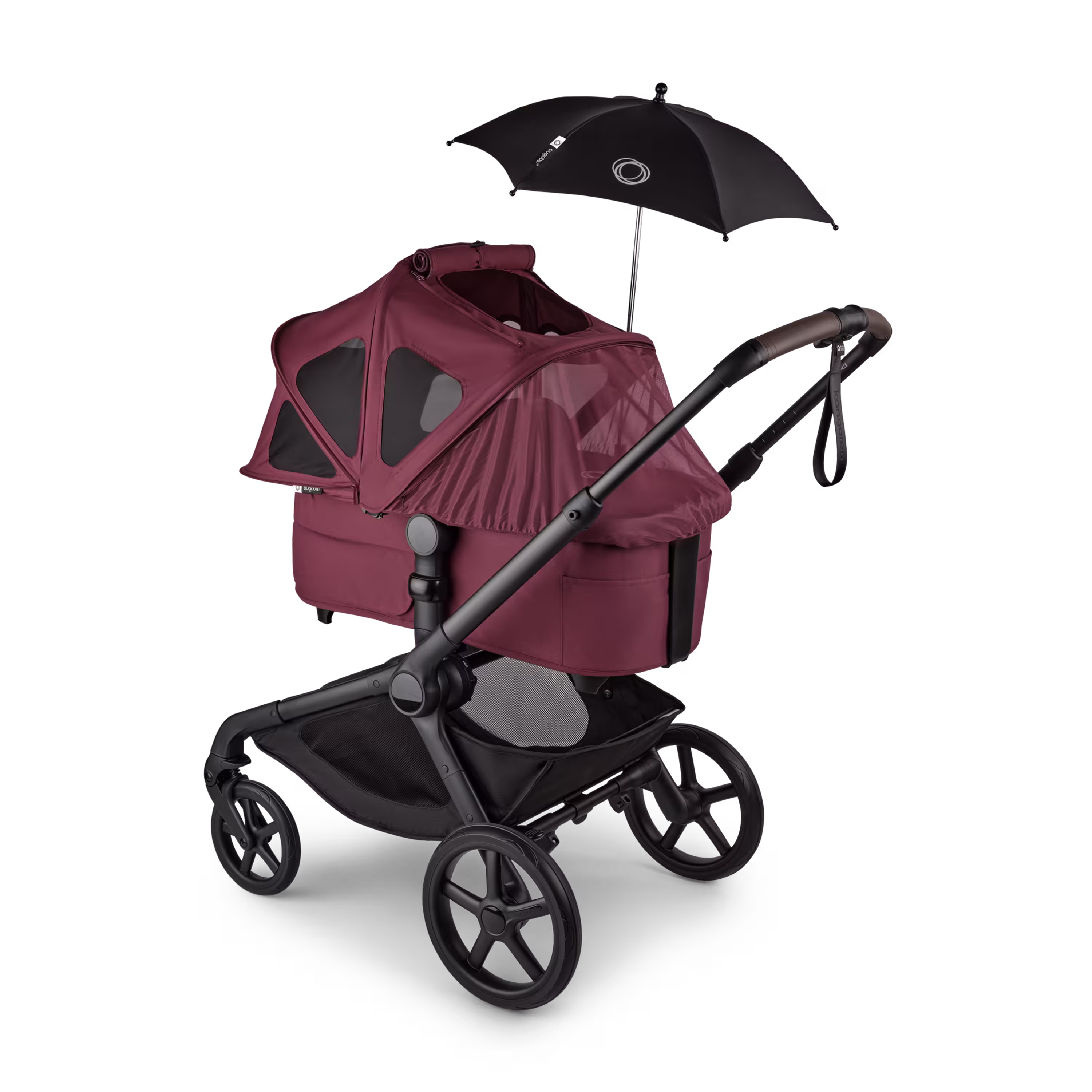 Bugaboo Kangaroo 2-in-1 stroller with a bassinet and a breezy sun canopy in Dark Cherry fabrics and a black parasol. The sun canopy is fully extended with the mosquito net covering the bassinet. - Main Modal Image Slide 17 of 18
