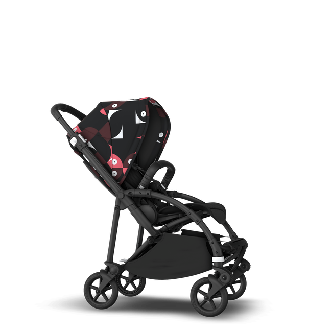 Bugaboo Bee 6 seat stroller black base, black fabrics, animal explorer pink/ red sun canopy