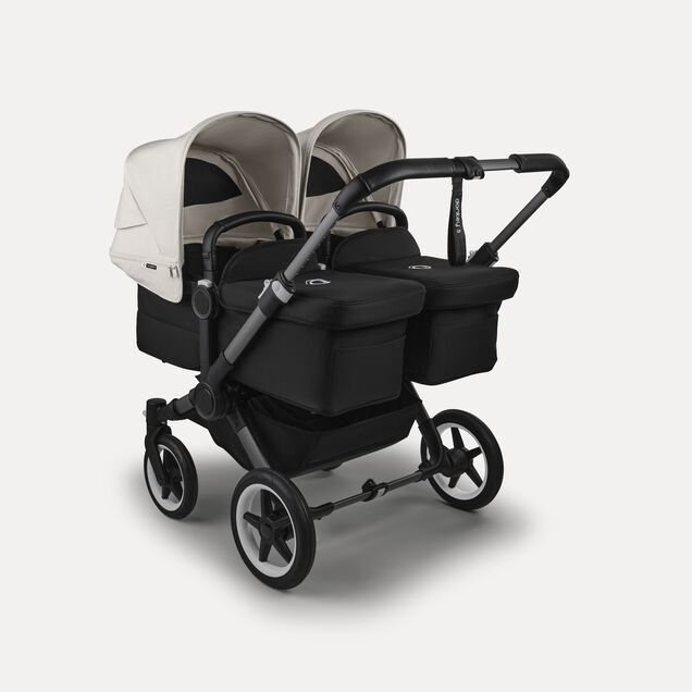 Bugaboo Donkey 5 twin stroller graphite base, midnight black fabrics, misty white sun canopy - Main Image Slide 1 of 12