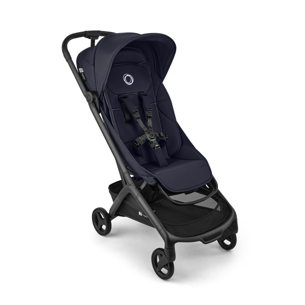 Bugaboo Butterfly 2 Plus travel stroller black base, deep indigo fabrics, deep indigo sun canopy