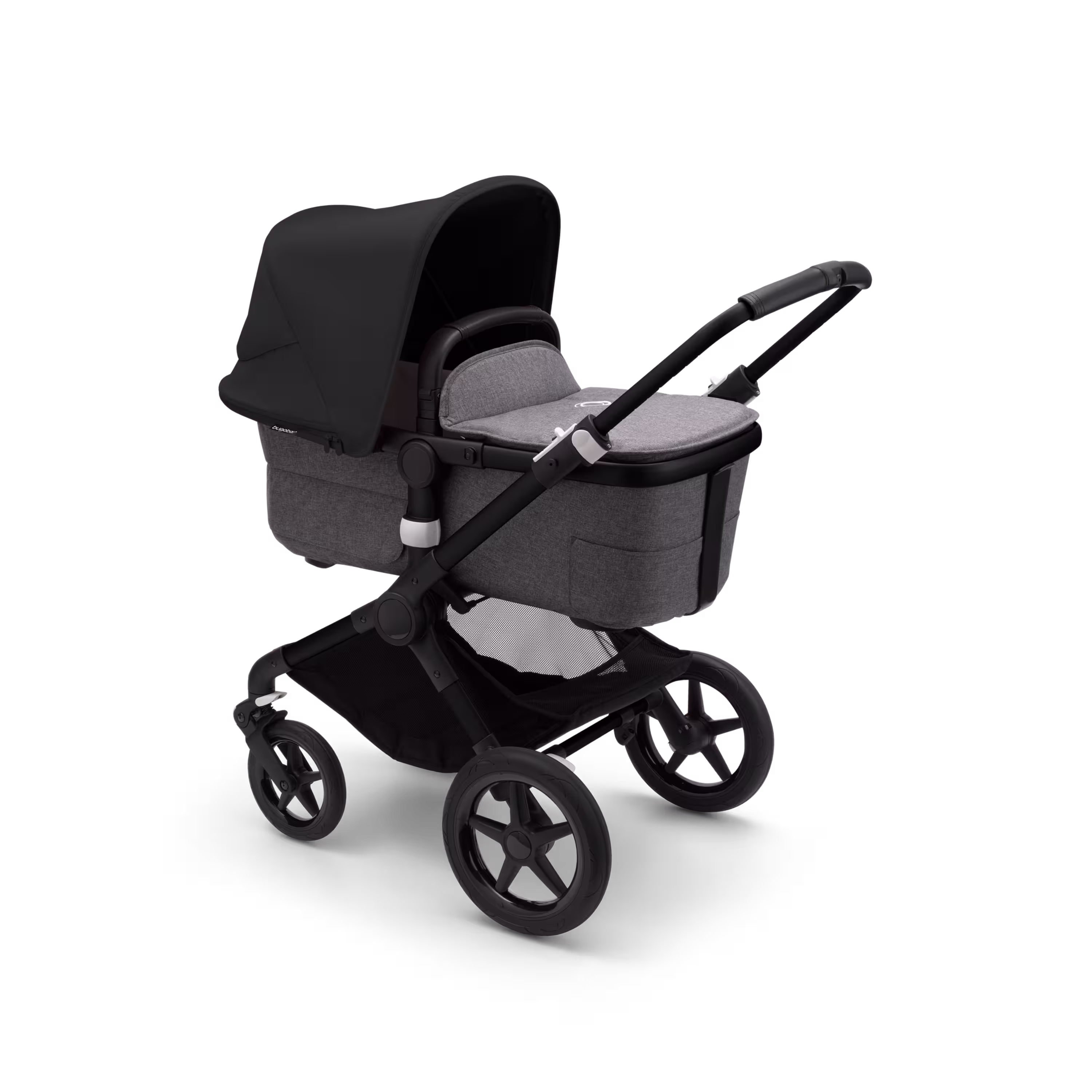 Bugaboo Fox 3 bassinet stroller with black frame, grey fabrics, and black sun canopy. - Main Modal Image Slide 2 of 7