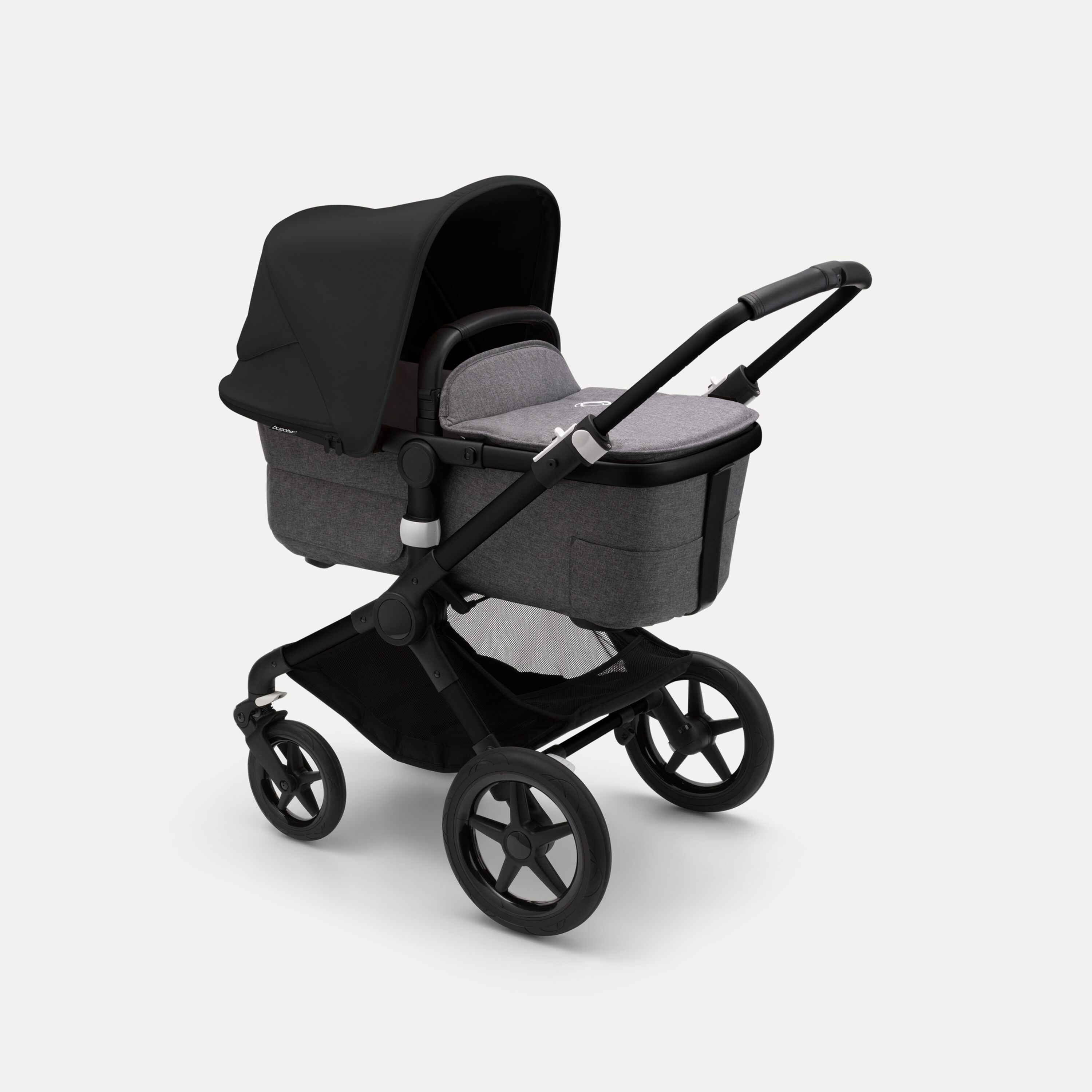 Bugaboo Fox 3 bassinet stroller with black frame, grey fabrics, and black sun canopy. - Main Modal Image Slide 2 of 7