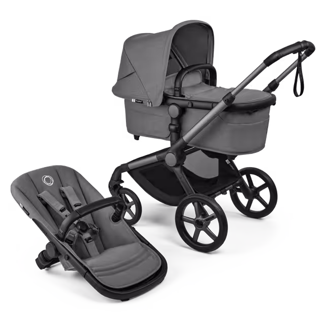 Bugaboo Fox 5 Renew bassinet and seat 2-in-1 stroller, with graphite chassis, Moon Grey fabrics, and Moon Grey sun canopy. - Main Image Slide 1 of 12