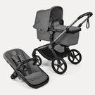 Poussette 2-en-1 Bugaboo Fox 5 Renew avec nacelle et siège, châssis Graphite, habillages Gris lune prestige, capote Gris lune.