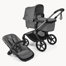 Poussette 2-en-1 Bugaboo Fox 5 Renew avec nacelle et siège, châssis Graphite, habillages Gris lune prestige, capote Gris lune.