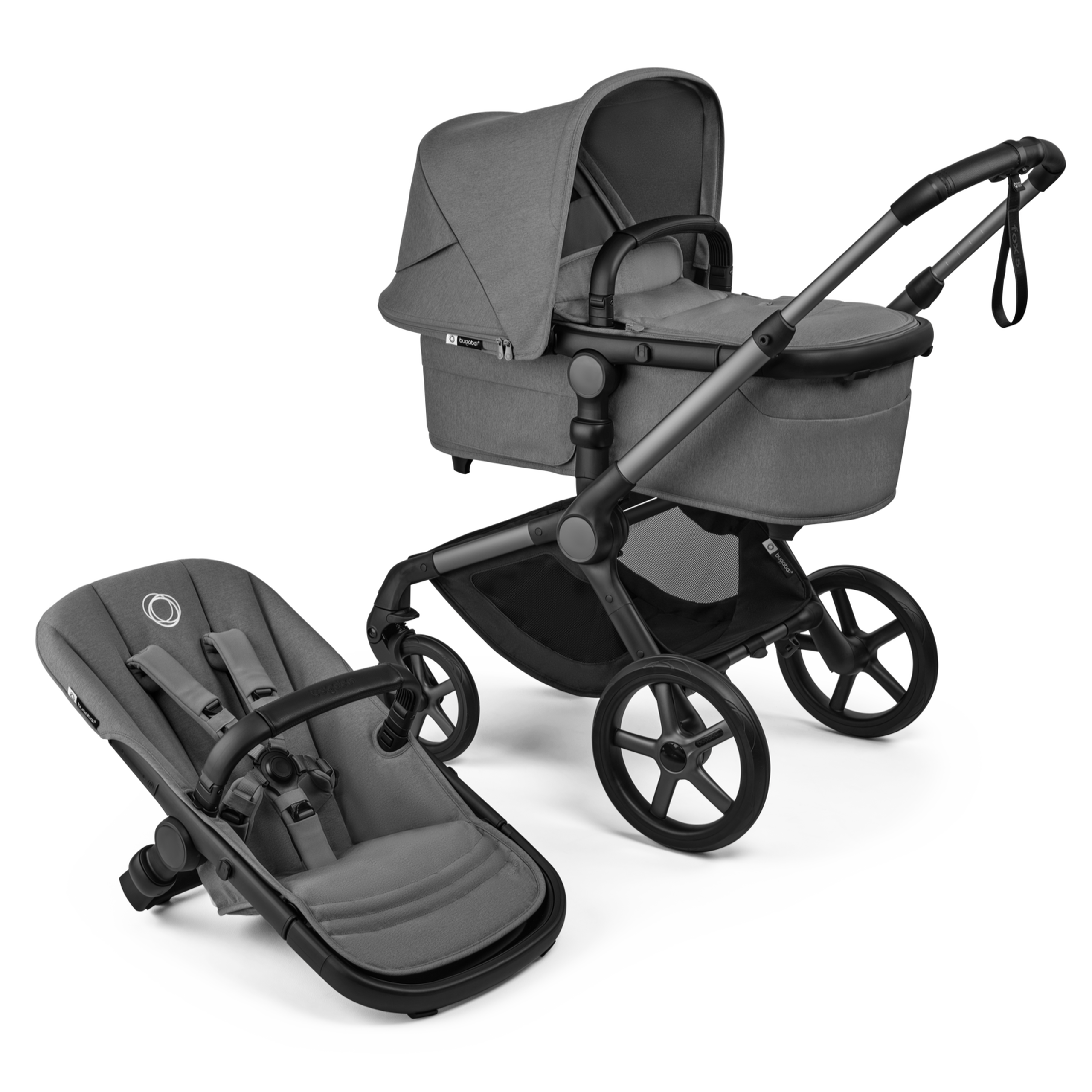Passeggino Bugaboo Fox 5 Renew con navicella e seduta 2 in 1, con telaio graphite, tessuti Moon Grey e cappottina Moon Grey. - Thumbnail Slide 1 of 12