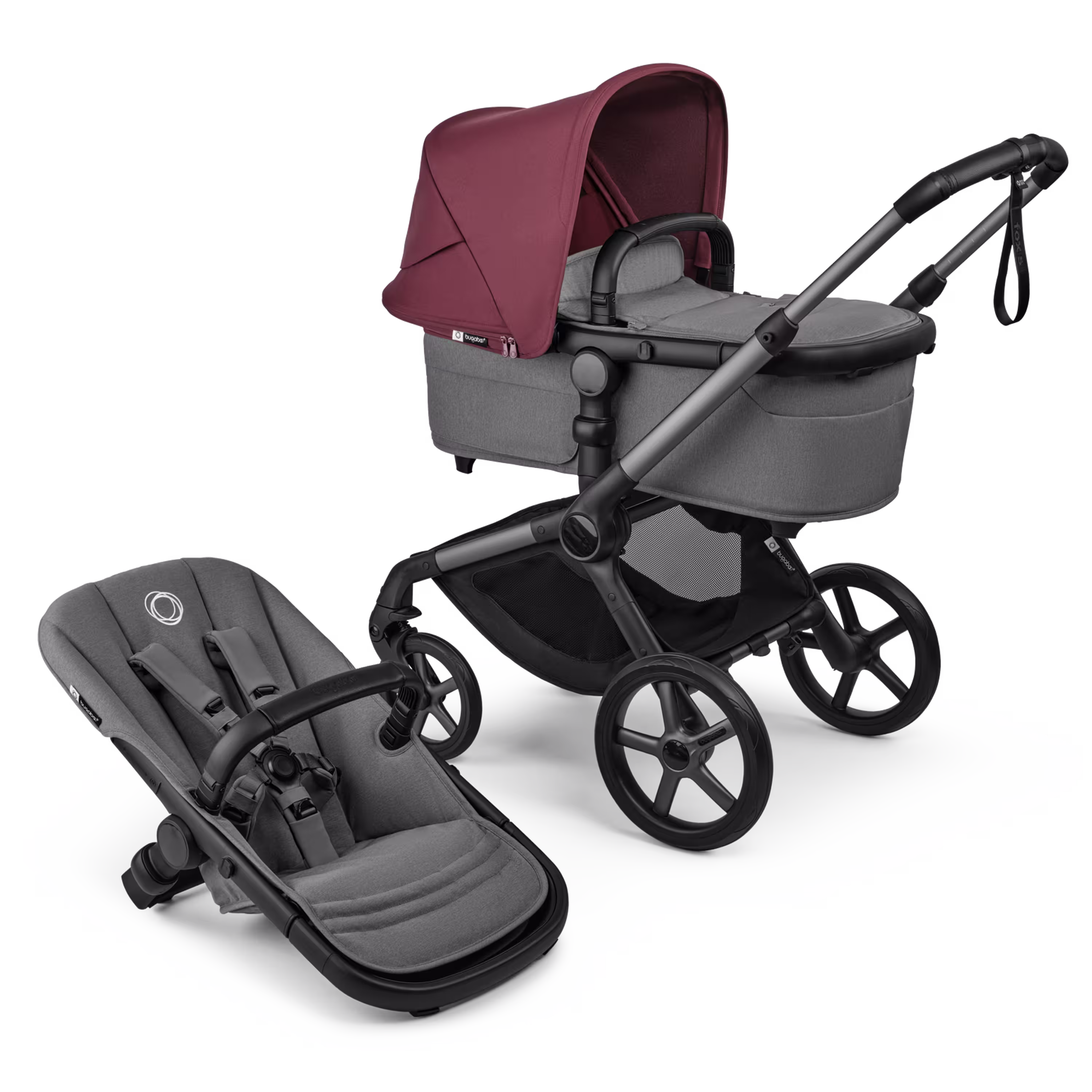 부가부 폭스 5 리뉴 배시넷 및 시트 2-in-1 스트롤러(그래파이트 섀시, 문 그레이 패브릭, 및 다크 체리 썬 캐노피 포함). - Main Modal Image Slide 1 of 12