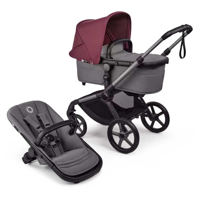 부가부 폭스 5 리뉴 배시넷 및 시트 2-in-1 스트롤러(그래파이트 섀시, 문 그레이 패브릭, 및 다크 체리 썬 캐노피 포함). - Main Image Slide 1 of 12