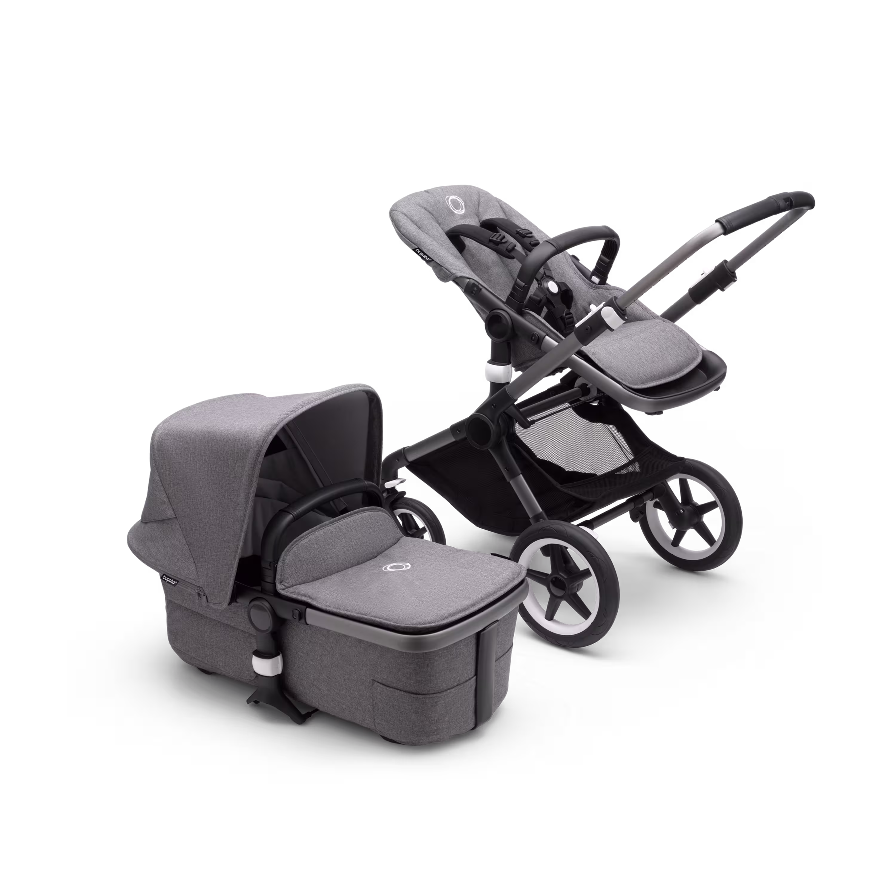 Bugaboo Fox 3 carrycot and seat pushchair with graphite frame, grey fabrics, and grey sun canopy. - Main Modal Image Slide 5 of 7
