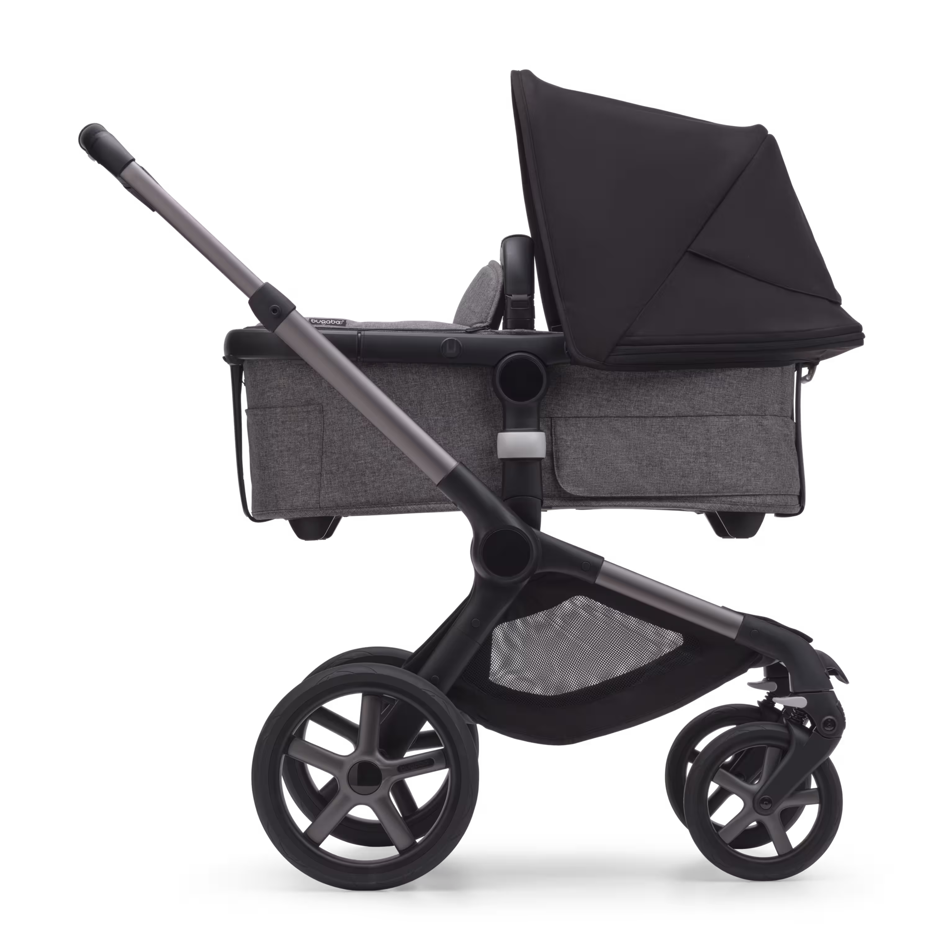 Refurbished Bugaboo Fox 5 bassinet and seat stroller graphite base, grey melange fabrics, midnight black sun canopy - Main Modal Image Slide 2 van 7