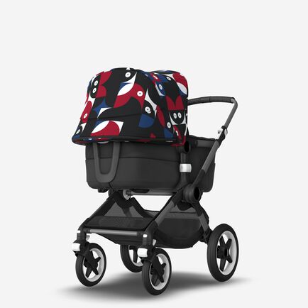 Bugaboo Fox 3 bassinet and seat stroller graphite base, midnight black fabrics, animal explorer red/blue sun canopy