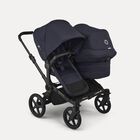 Bugaboo Donkey 6 double stroller black base, deep indigo fabrics, deep indigo sun canopy